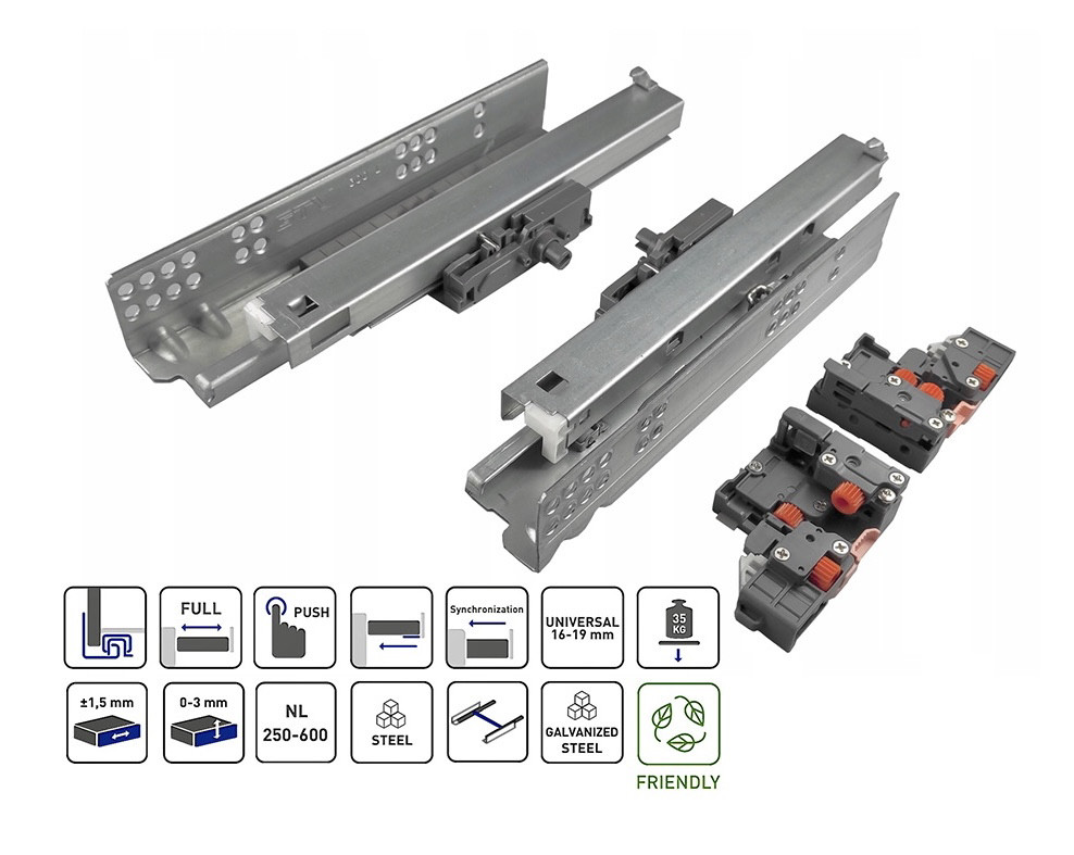 Направляюча 450mm GTV MODERN SLIDE PUSH TO OPEN (ДСП-16/18mm) 3D прихованого монтажу повного висуву 35кг, фото 1