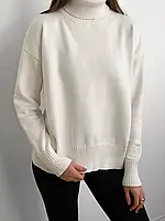 Женский свитер белый с высоким воротником, Вязаный свитер женский, Белый свитер, Однотонный свитер