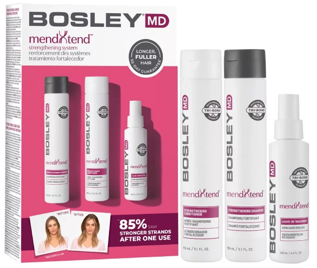 Набір для зміцнення та живлення волосся MendXtend Bosley 3 продукти шампунь кондиціонер спрей, фото 1