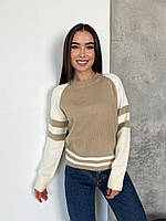 Женский свитер реглан оверсайз комбинированный бежевый 44-48