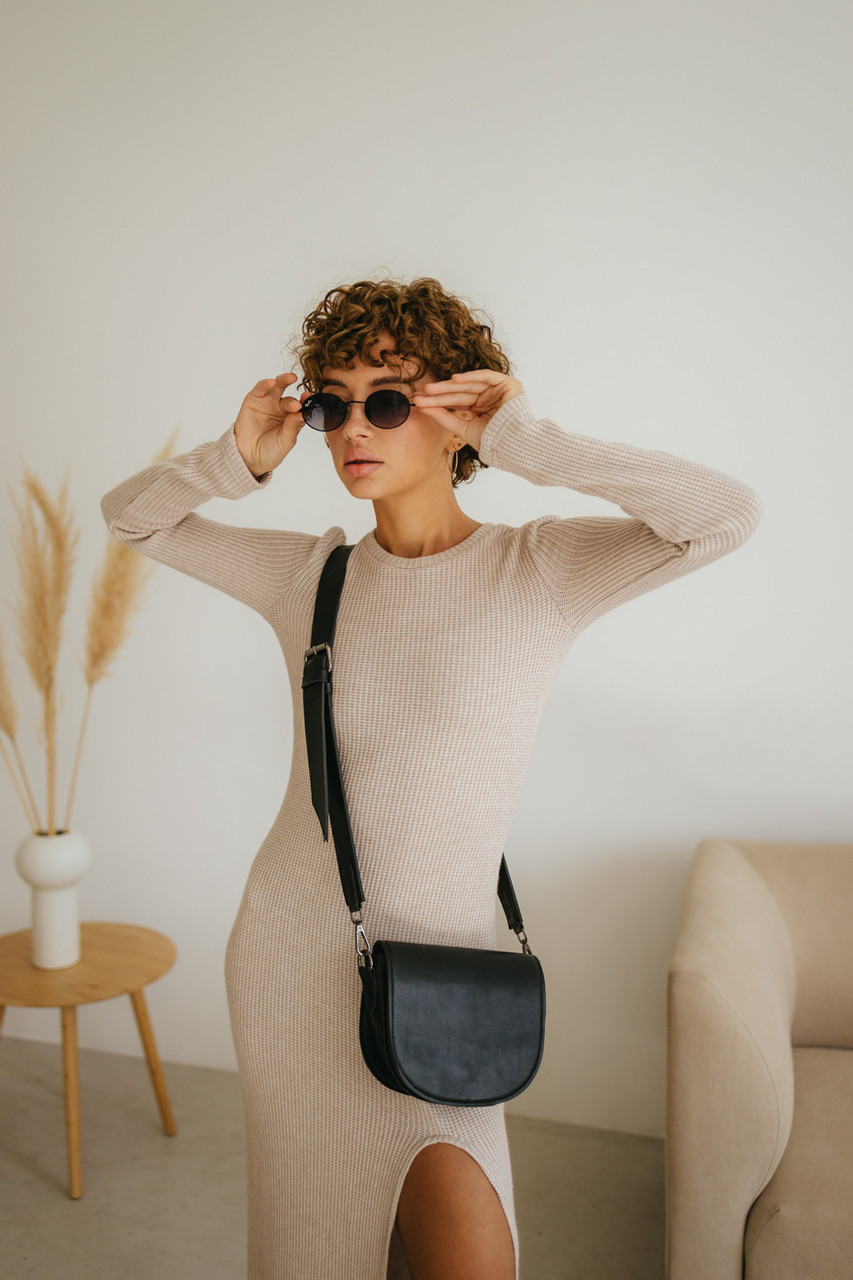 Сукня трикотажна осінь з розрізом на нозі довжина міді капучино, фото 1