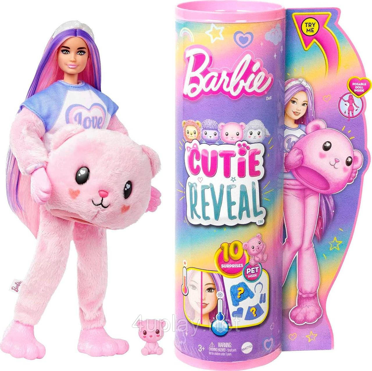 Лялька-сюрприз Barbie Cutie Reveal Teddy Bear Plush Оригінал Барбі в костюмі, Ведмедик Милашка проявляшка, ведмежа Змінює колір