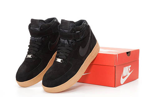 Зимові чоловічі кросівки Nike Air Force 1 Black Brown winter Найк Форс 1 чорно коричневі високі замша зима, фото 1
