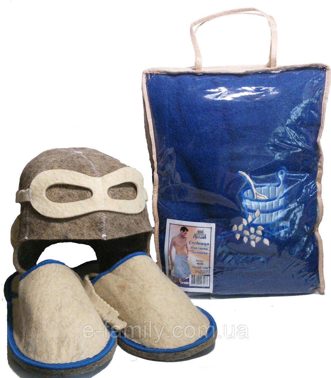 Набор для бани и сауны мужской Летчик (парео синее, тапочки, шапочка) в упаковке - фото 1 - id-p373301041