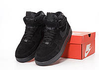 Зимние мужские кроссовки Nike Air Force 1 All Black winter Найк Форс черные высокие замшевые с мехом зима