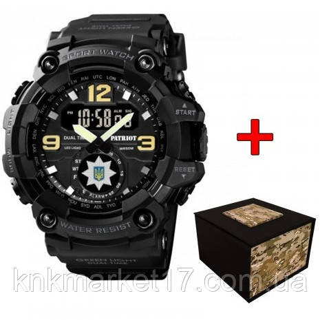 Тактичний багатофункціональний годинник з подвійним часом Patriot 004 Black Поліція + Box, фото 1