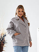 Женское теплое короткое пальто из меховой ткани на пуговицах большие размеры 48-58 Серый, 48/50