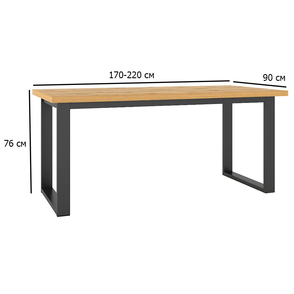 Обідній стіл розкладний лофт Halle 170-220х90 см дуб вотан на чорних металевих ніжках в кімнату, фото 1