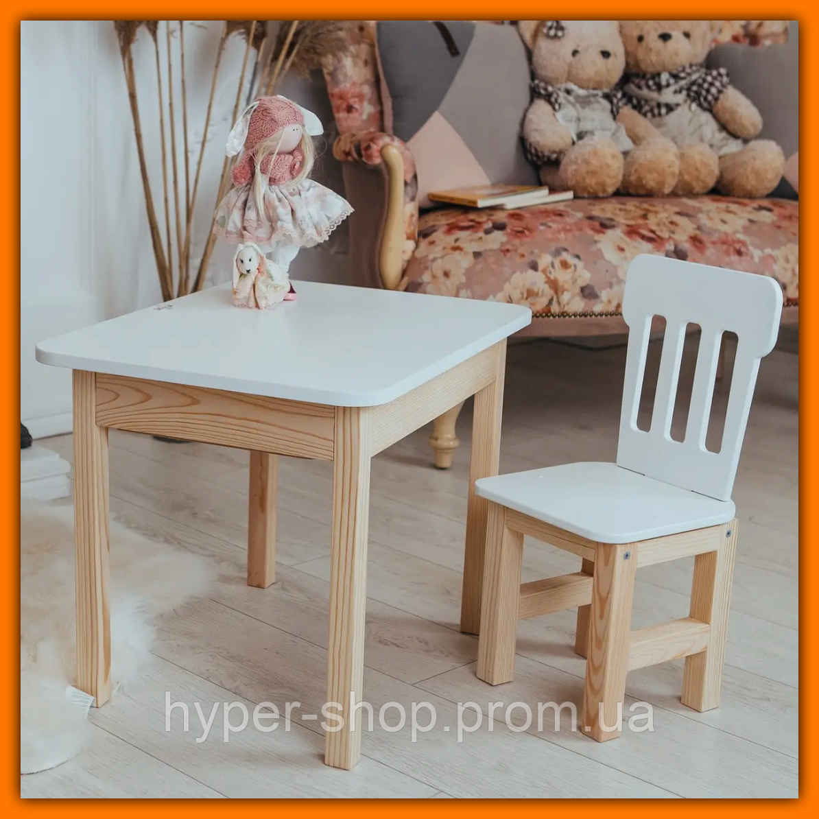 Дитячий столик і стільчик для занять та ігор, комплект дерев'яний білий столик із нішею та стільчик для малюків
