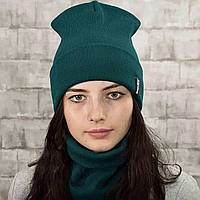 Демисезонный комплект шапка и бафф для женщин теплый, шапка и хомут из акрила вязаный с утеплением зеленый