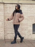 Жіноча зимова відірочена хутром куртка двостороння з плащової тканини Канада з довгими манжетами розміри 50-60