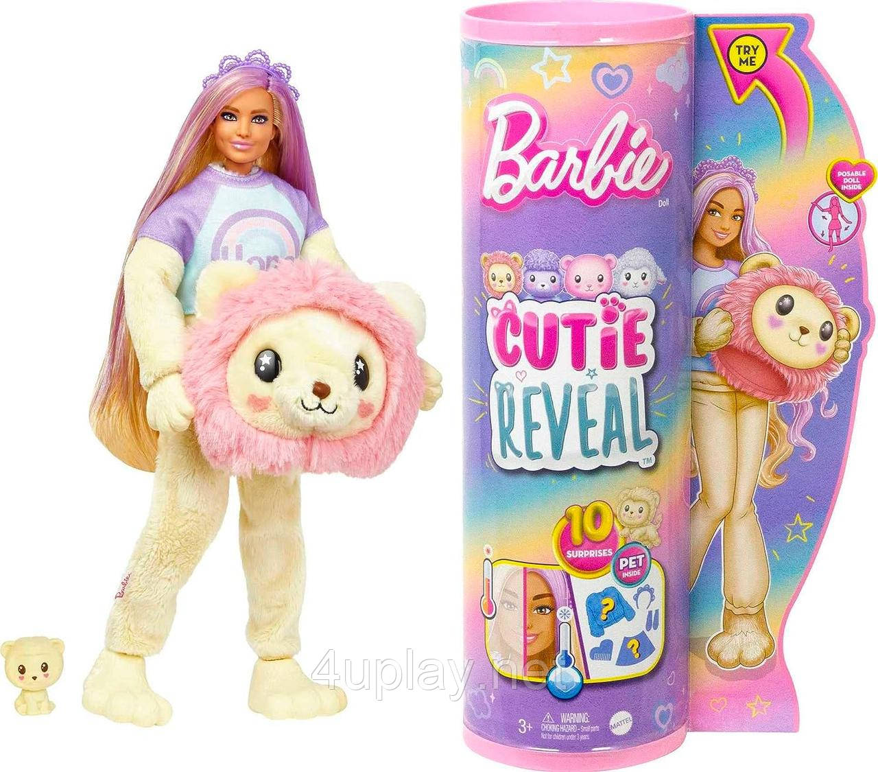 Лялька-сюрприз Barbie Cutie Reveal Lion Plush Оригінал Барбі в костюмі, Левеня Милашка проявляшка, лев Змінює колір