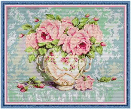 Набір для вишивання за нанесеною на канву схемою "Pink Rose in Porcelain Jar". AIDA 14CT printed 57*48 см