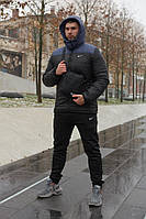 Комплект чоловічий Nike: куртка зимова "Frost" синьо-чорна + штани з тринитки утеплені чорні. Барсетка та рукавички У Подарунок!