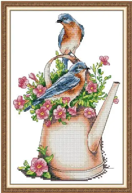 Набір для вишивання за нанесеною на канву схемою "Flower Pot and Bird". AIDA 14CT printed, 21*32 см