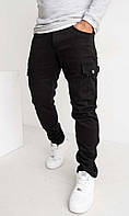 Джинси-карго з кишенями на флісі стрейчові чорні