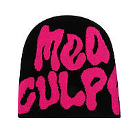 Черная 2 стильная вязаная шапка Mea culpа. Зимняя,демисезонная шапка мужская, женская, подростковая, молодежная.