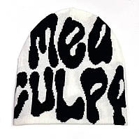 Белая стильная вязаная шапка Mea culpа. Зимняя,демисезонная шапка мужская, женская, подростковая, молодежная.