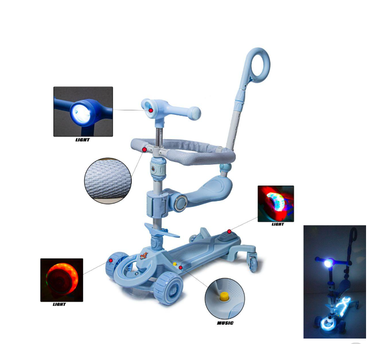 Дитячий триколісний самокат 5 в 1 Smart N-388 з бортиками, підсвічуванням і музикою від 1 до 8 років (блакитний).