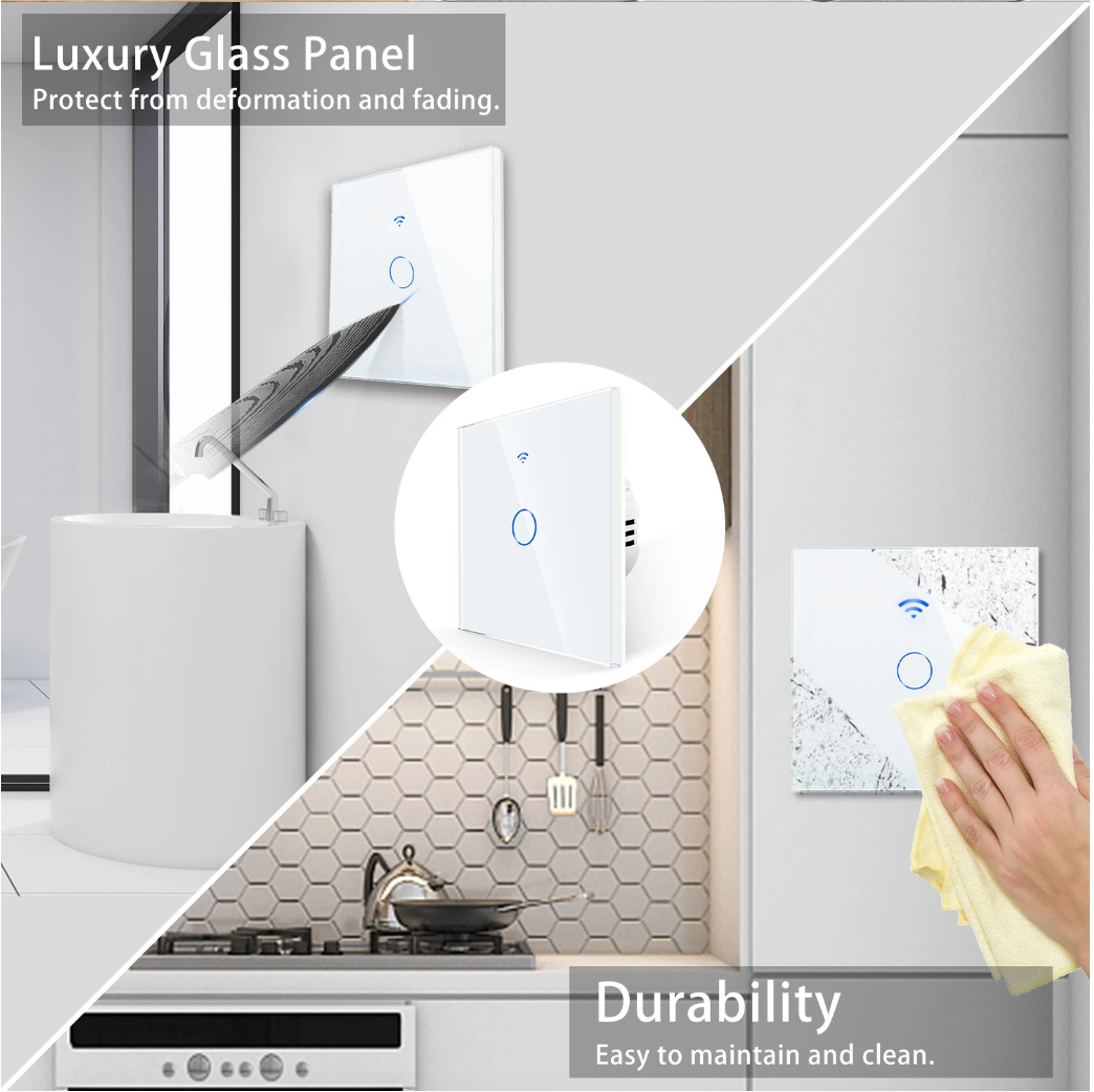 WiFi Сенсорный выключатель 1 линия, RF 433Mhz белый Smart Home умный закаленое стекло,Tuya для ванной кухни - фото 3 - id-p2068772745