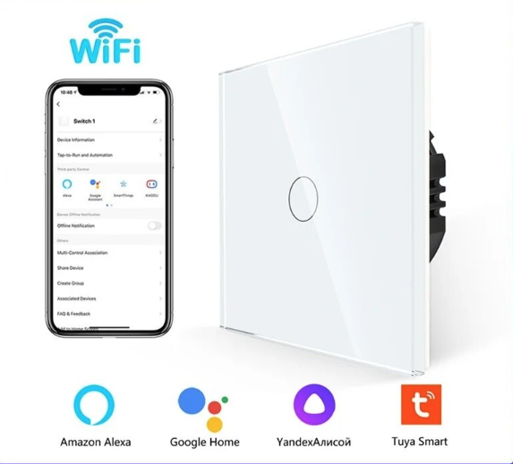 WiFi Сенсорный выключатель 1 линия, RF 433Mhz белый Smart Home умный закаленое стекло,Tuya для ванной кухни - фото 1 - id-p2068772745