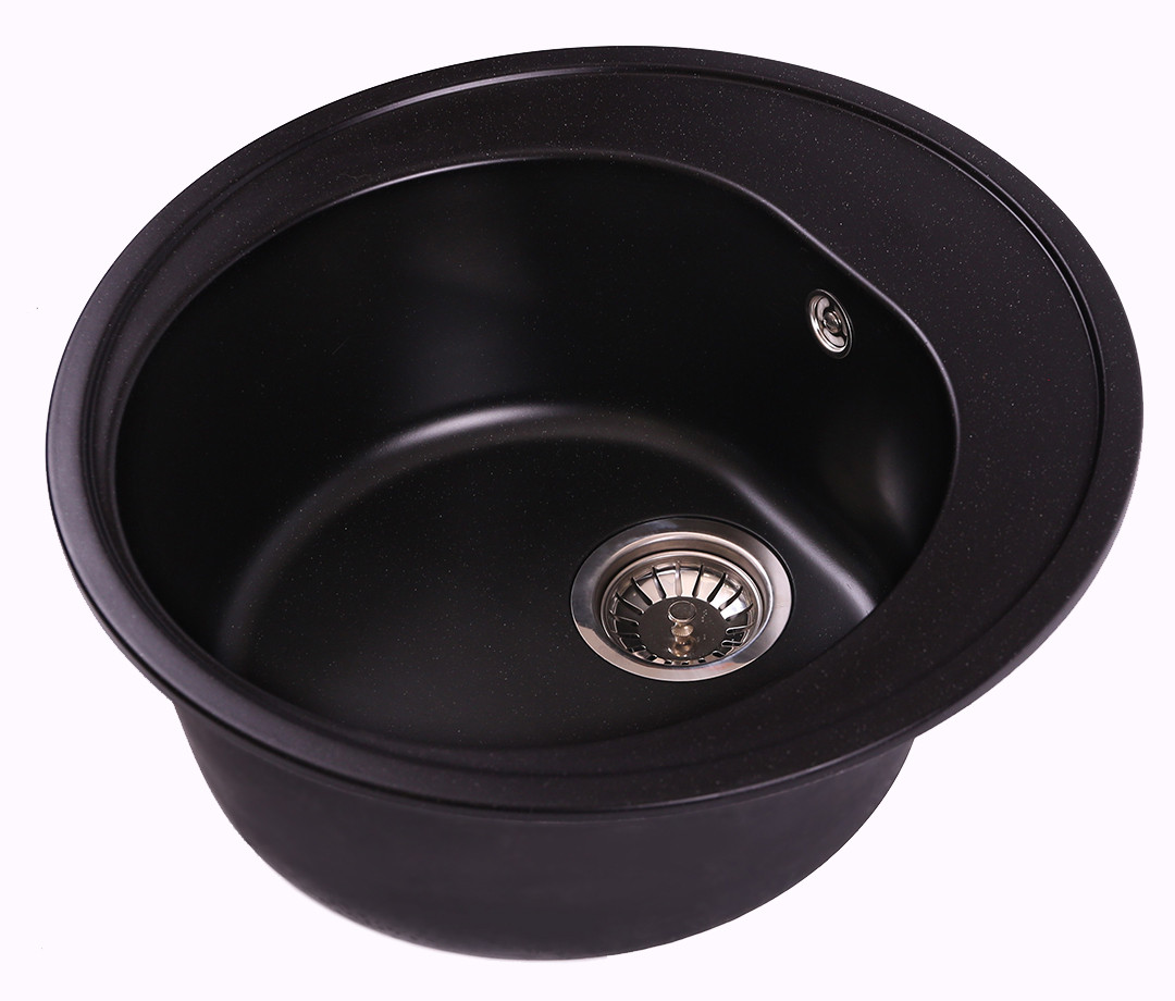 Кам'яна гранітна плита, мийка чорного кольору із штучного каменю для кухні кругла врізна