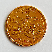 США 25 центов (квотер) 2002, Штаты и территории: Миссисипи. Позолота