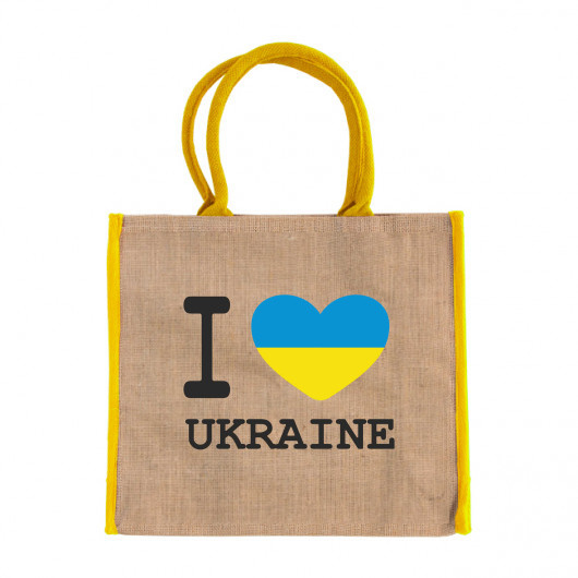 Сумка для покупок з джуту з  малюнком I love Ukraine 40×15×35 см, фото 1