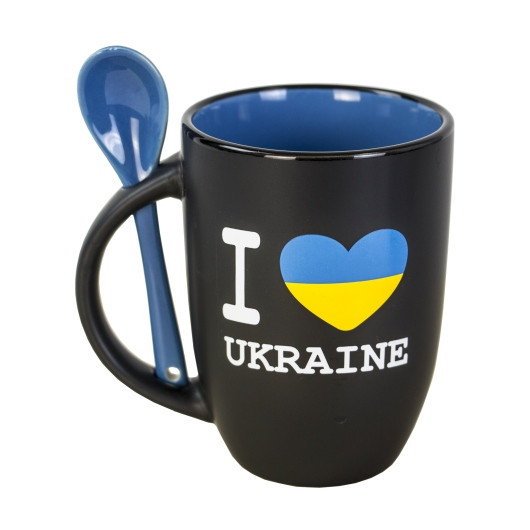Чашка з ложкою "I LOVE UKRAINE" 380 мл блакитна, фото 1