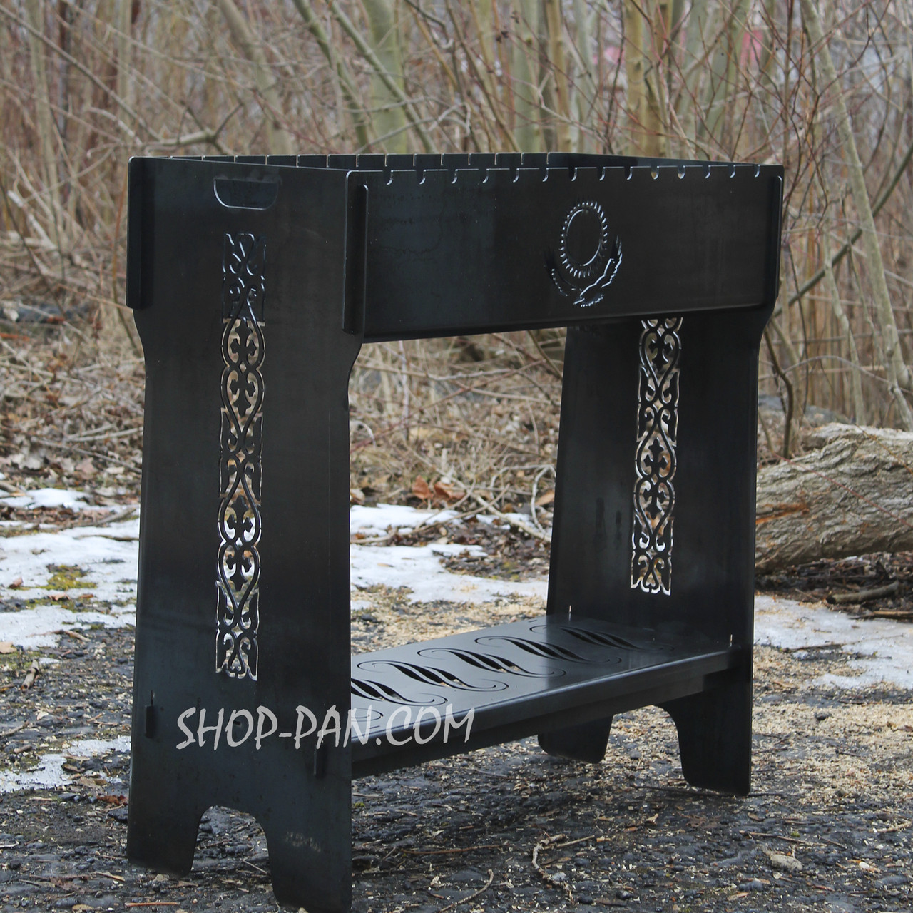 Мангал розбірний високий на 14 шампурів із підставкою для дров та індивідуальним гравіюванням — Казахстан, фото 1