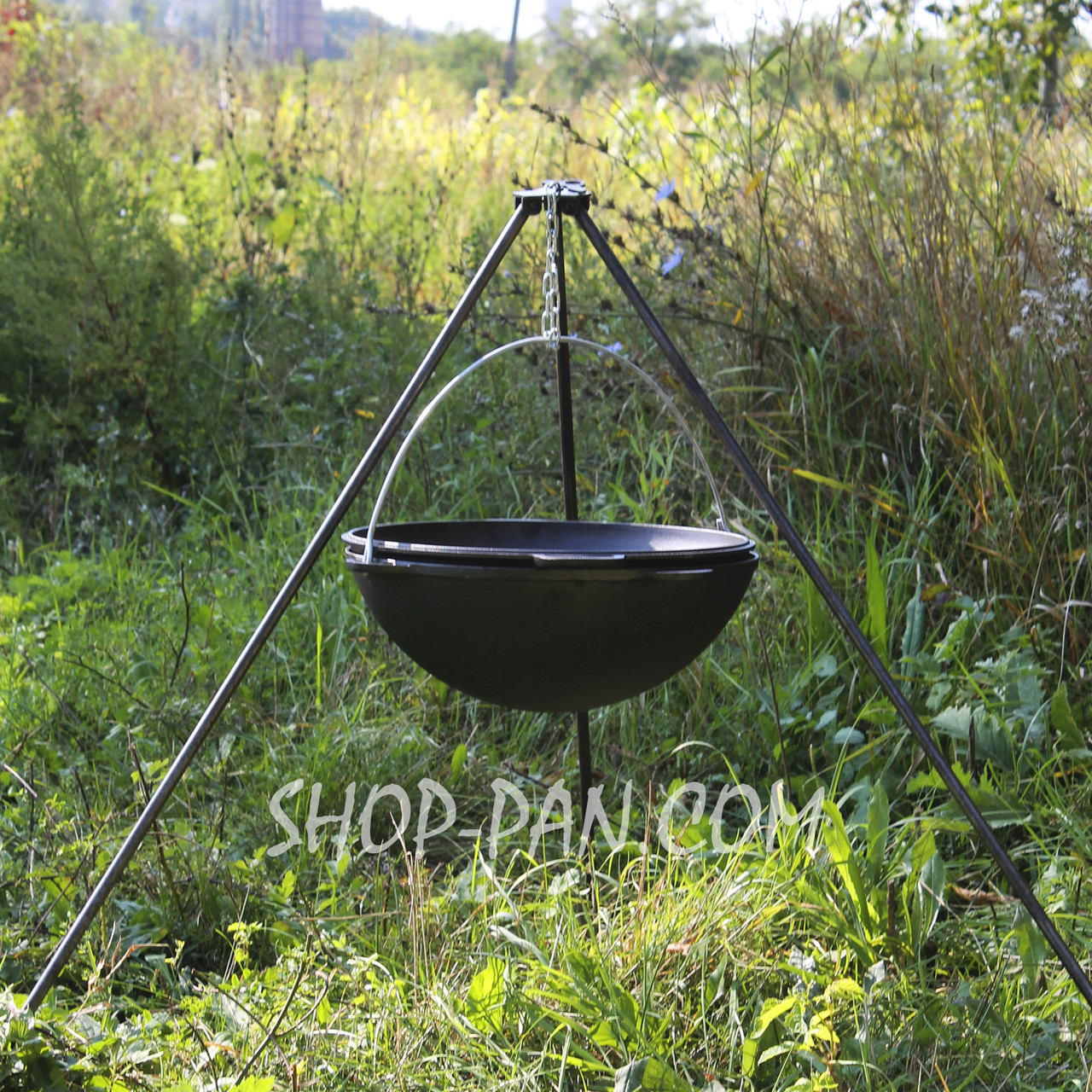 Казан татарський чавунний 15 л із кришкою-сковородою та триногою, фото 1