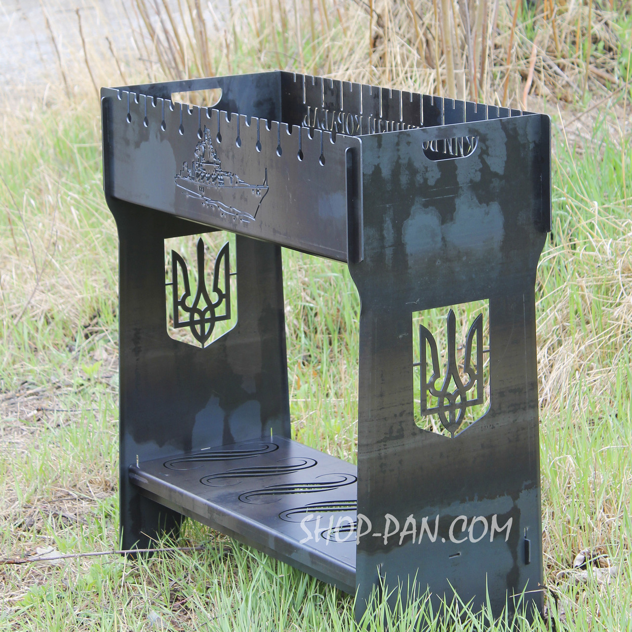Мангал розбірний високий на 12 шампурів із підставкою для дров та індивідуальним гравіюванням — російський військовий до, фото 1