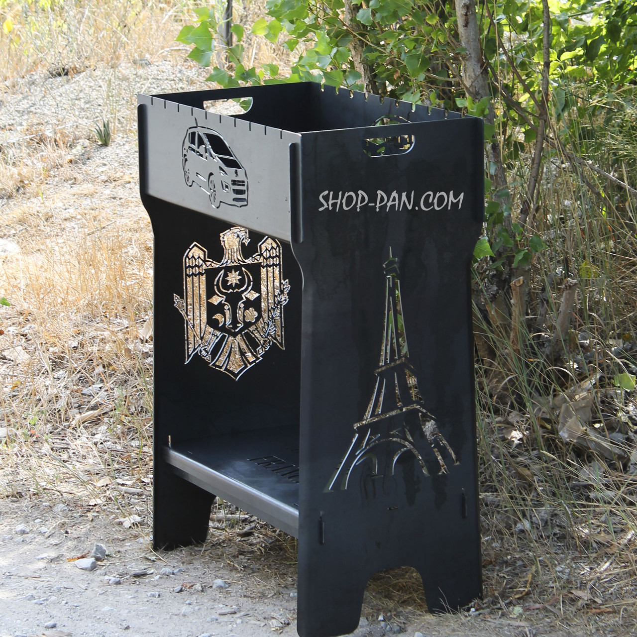 Мангал розбірний високий на 10 шампурів із підставкою для дров та індивідуальним гравіюванням — нейфелева вежа, фото 1