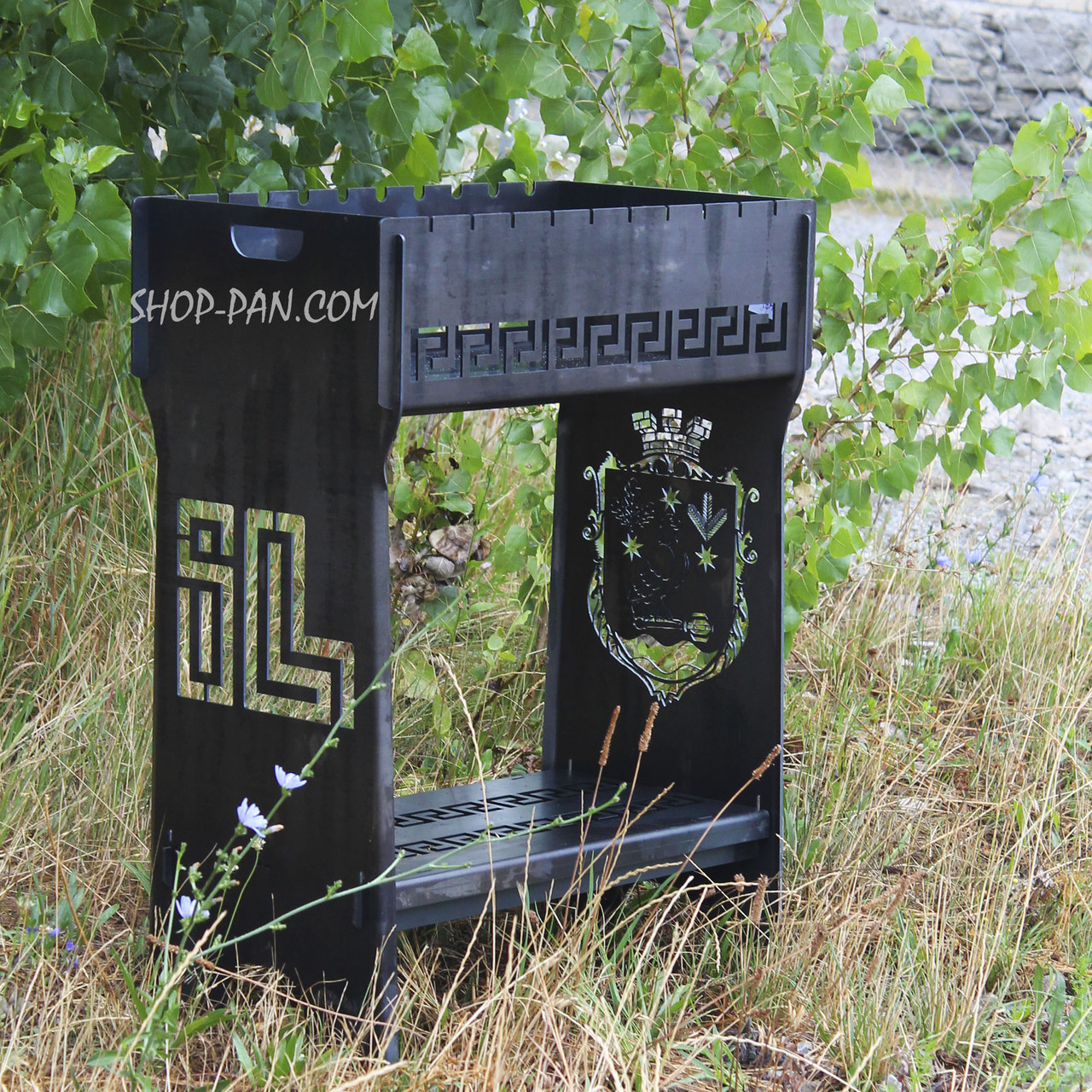 Мангал розбірний високий на 10 шампурів із підставкою для дров та індивідуальним гравіюванням — Герб, фото 1