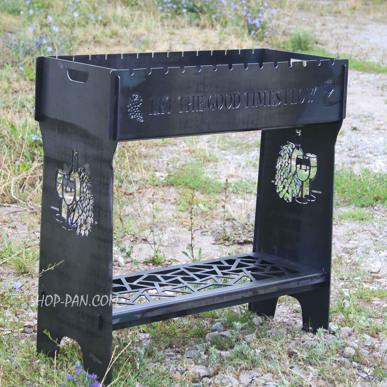 Мангал розбірний високий на 14 шампурів із підставкою для дров та індивідуальним гравіюванням — Виноград, фото 1