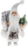 Новогодняя фигура "Санта Клаус с Подарками и Елкой" 30см, серебро с пайетками