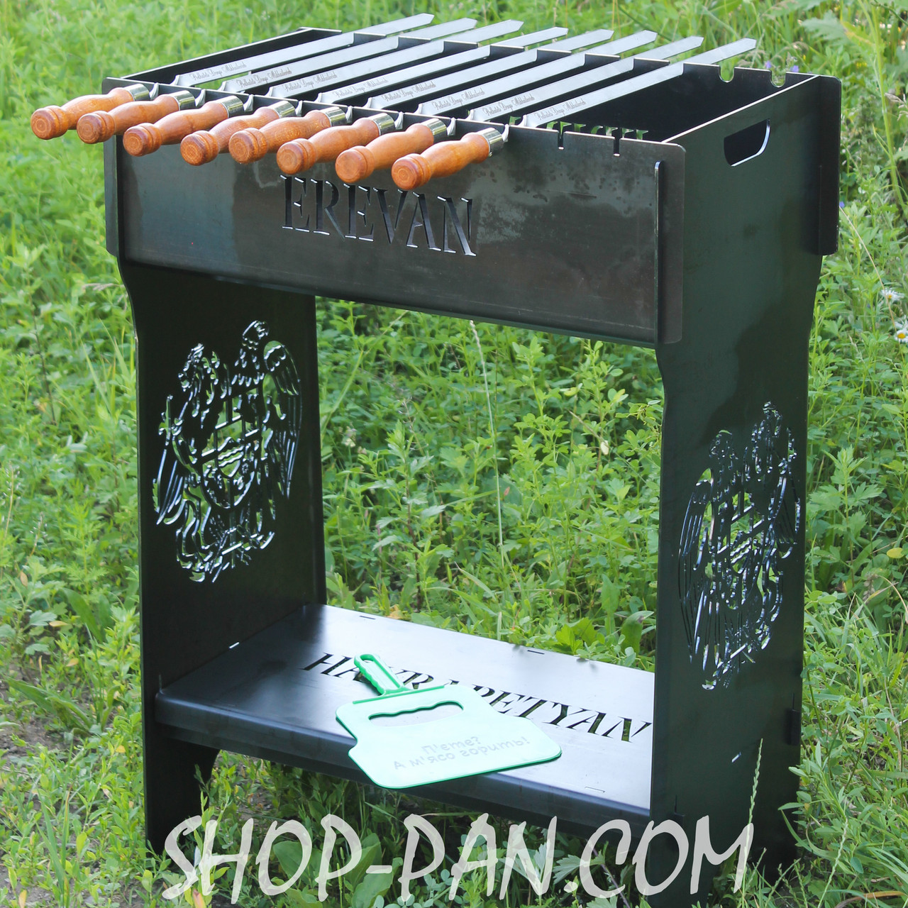 Мангал розбірний високий на 10 шампурів із підставкою для дров та індивідуальним гравіюванням, фото 1