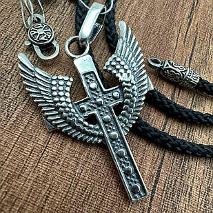 Хрест без розп'яття з крилами ангела та шовковий шнурок зі вставками зі срібла 925 проби