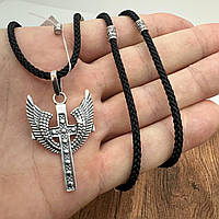Крест без распятия с крыльями ангела и шелковый шнурок со вставками из серебра 925 проба 60 см