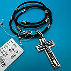 Чоловічий комплект шовковий шнурок зі срібними вставками та хрест 925 проба чорніння, фото 4