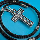 Чоловічий комплект шовковий шнурок зі срібними вставками та хрест 925 проба чорніння, фото 2