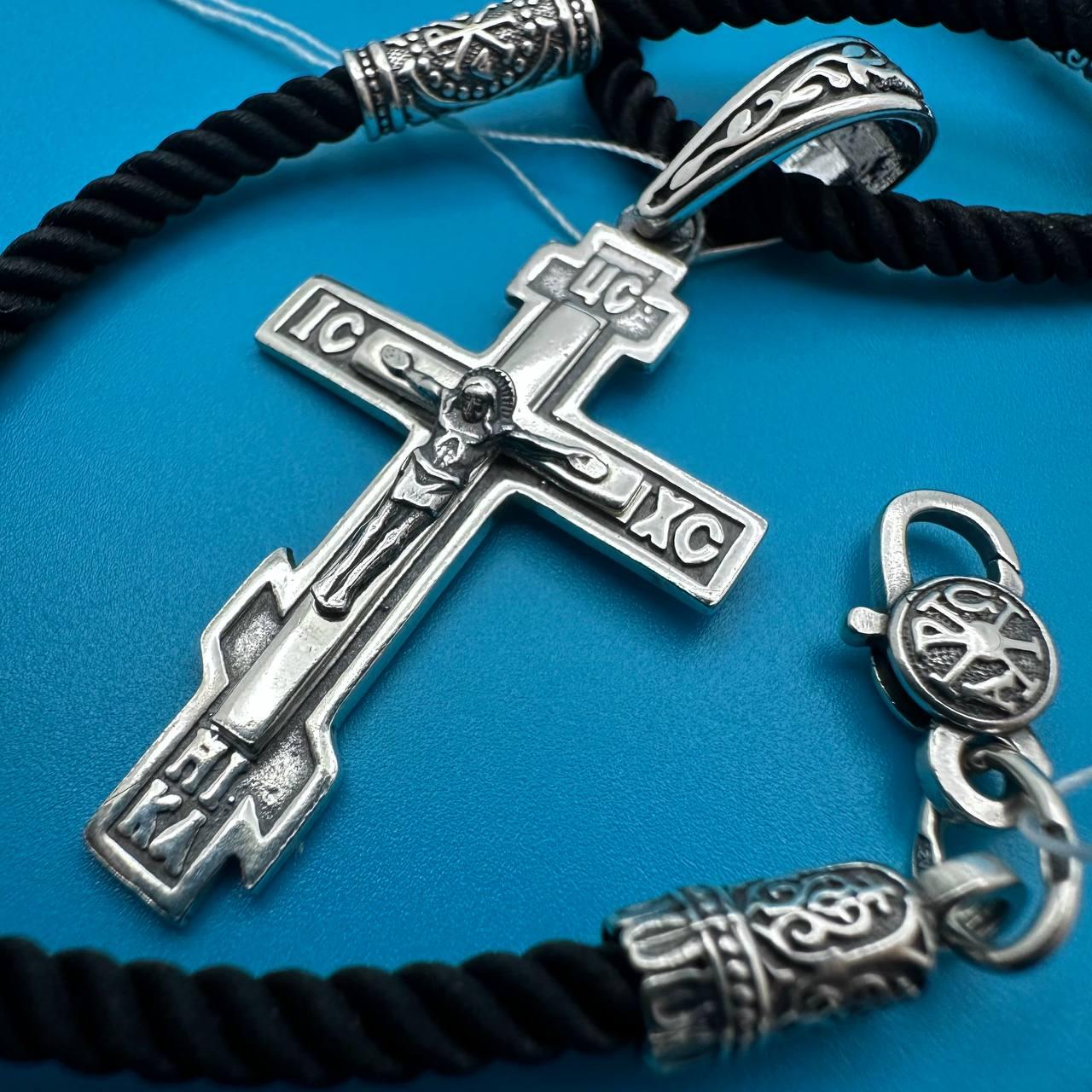 Срібний хрестик Врятуй та Збережи та шовковий шнурок зі вставками із срібла 925 проба чорніння
