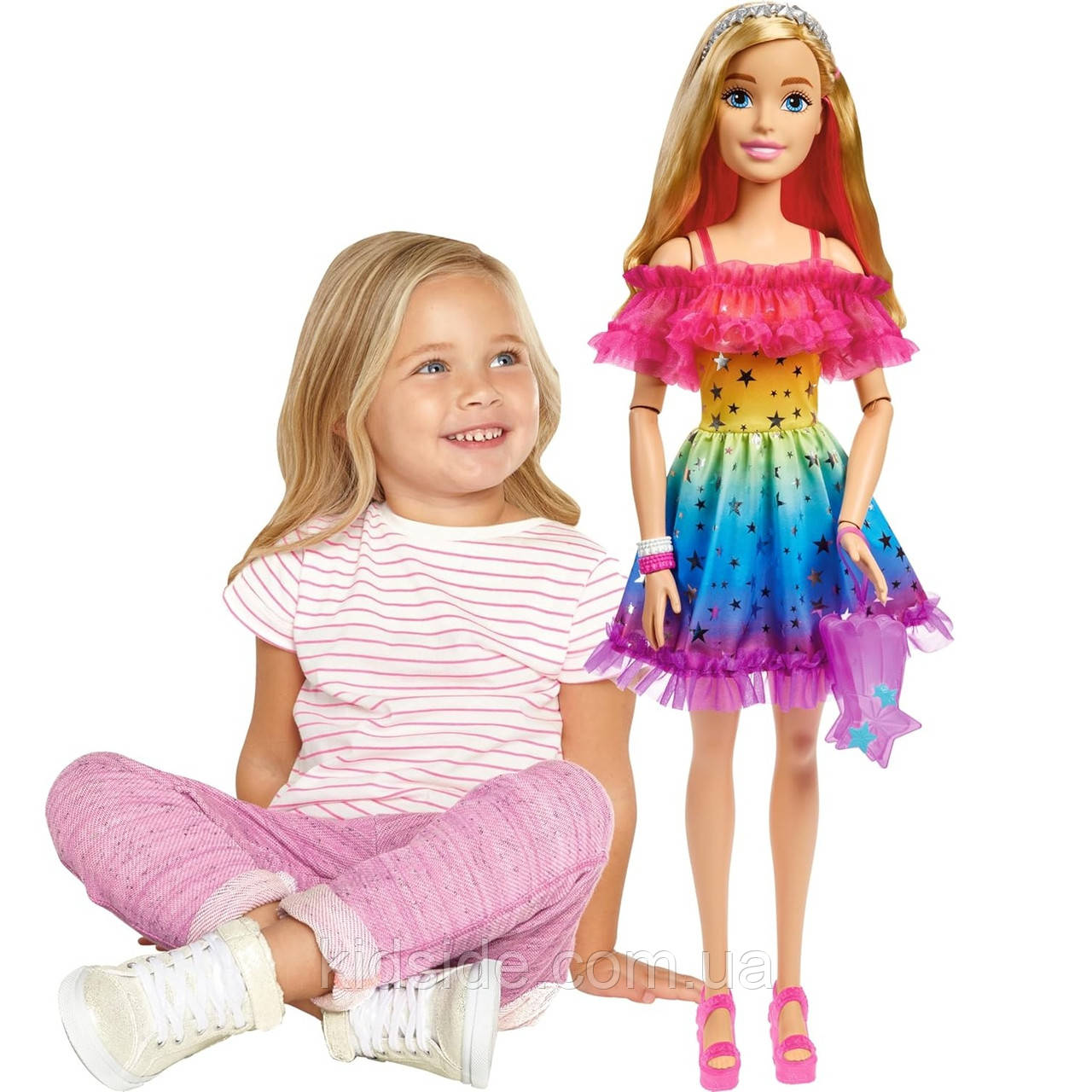 Barbie Large 28-inch HJX98 Лялька Барбі велика Блондинка в райдужному платті 71 см