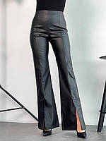 Жіночі чорні шкіряні штани-кльош з розрізами