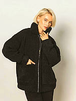 Куртка-тедди оверсайз на молнию короткая молодежная из меха отложной воротник черная