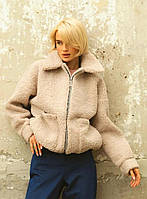Куртка-тедді оверсайз на блискавку коротка молодіжна з хутра відкладний комір пудрова