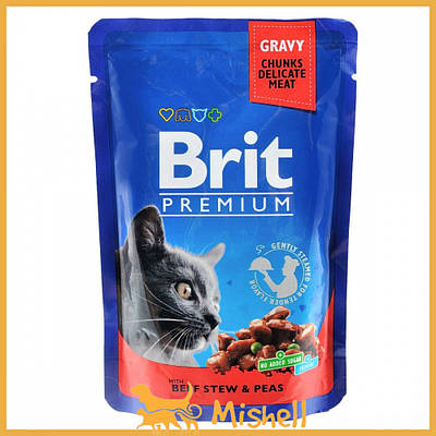 Вологий корм Brit Premium Cat Pouch для кішок, з тушкованою яловичиною та горошком, 100 г