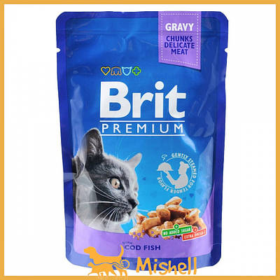 Вологий корм Brit Premium Cat Pouch для котів, з тріскою, 100 г