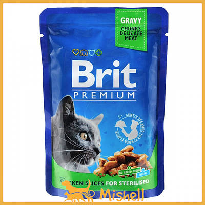 Вологий корм Brit Premium Cat Pouch для стерилізованих кішок, з куркою, 100 г