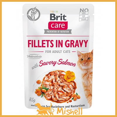 Вологий корм Brit Care Cat Pouch для кішок, філе у соусі, пікантний лосось, 85 г